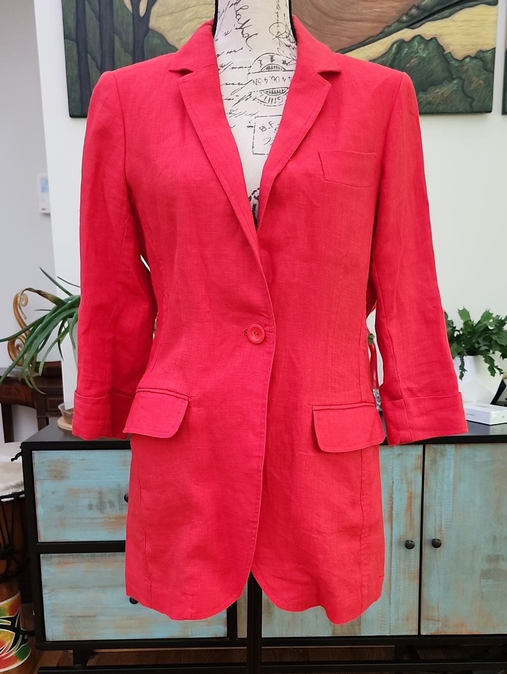 Patrick Christopher Coral Red 100% Linen Single-Button Blazer